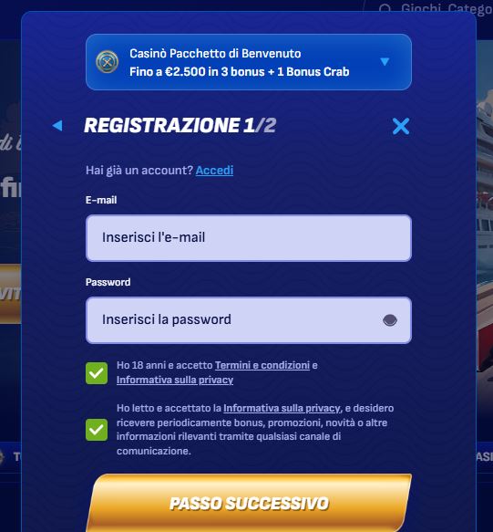 Registra nuovo account inserendo email e password sicura